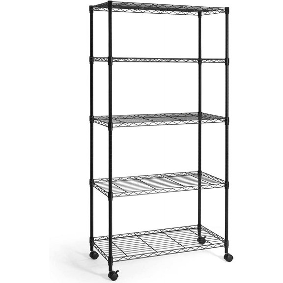 3/4/5-Tier Adjustable Height Wire Shelving Unit, Wire Rack Shelving, Metal Steel Storage Shelves, Garage Shelving Storage Organizer, Utility Storage Shelf, 5-Tier with Wheels, Black