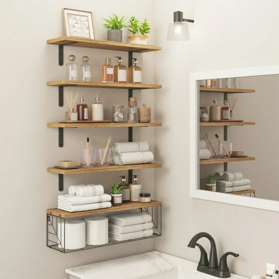 3/4/5-Tier Bathroom Floating Shelves, Wall-Mounted Over-Toilet Shelves with Metal Guardrail, Multi-Purpose Wall Decor Shelves, Farmhouse-Style Toilet Paper Storage Shelves, Suitable for Bathroom