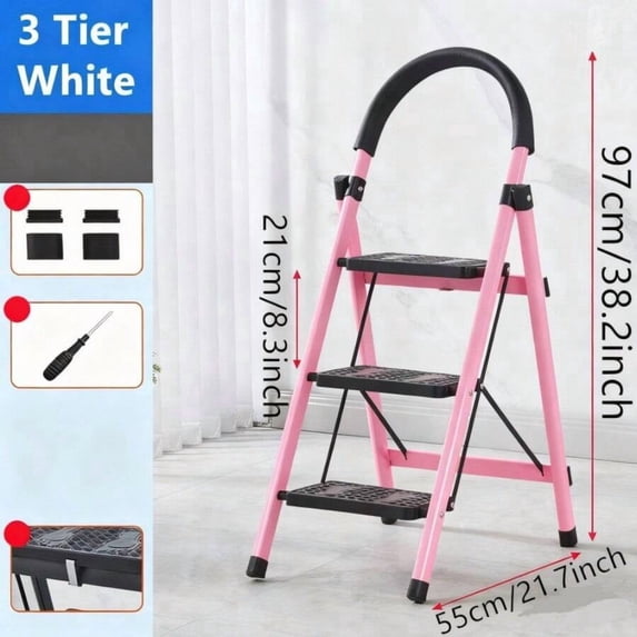 3/4/5-Tier Folding Step Stool (Black/Red/Pink) - Wide Non-Slip Pedals Sturdy Steel Lightweight Portable Step Ladder For Kitchen Home Durable Space-Saving Foot Stool Ideal For Reaching High Cabinets