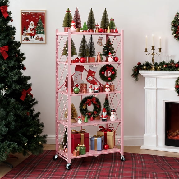 3/4/5-Tier Portable Multifunctional Storage Rack, Floor-Standing with Lockable Wheels, Space-Saving, No Assembly, Foldable Shelf with Durable Carbon Steel Frame for Bedroom, Balcony, Garden