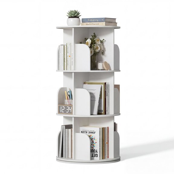 3/4/5 Tier Rotating Bookshelf Tower, Study Spinning Bookshelf for Small Space, 360° Display Revolving Bookcase Lazy Susan, Freestanding Vertical Corner Book Shelf for Bedroom, Living Room, White