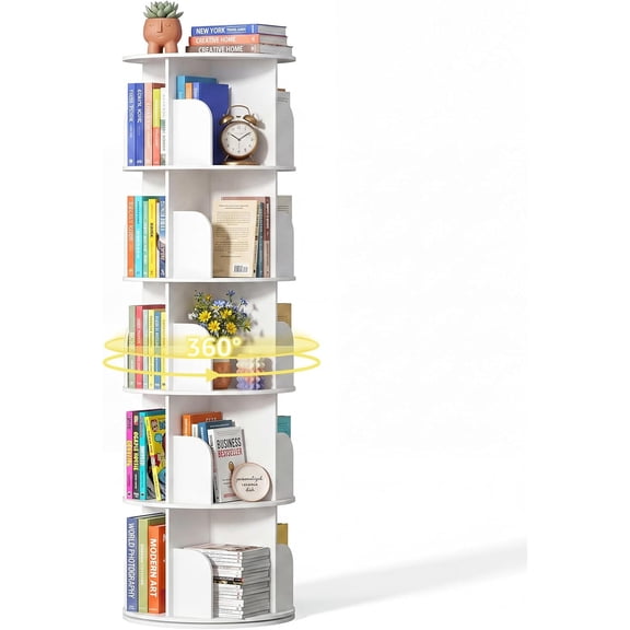3/4/5 Tier Rotating Bookshelf Tower, Study Spinning Bookshelf for Small Space, 360° Display Revolving Bookcase Lazy Susan, Freestanding Vertical Corner Book Shelf for Bedroom, Living Room, White
