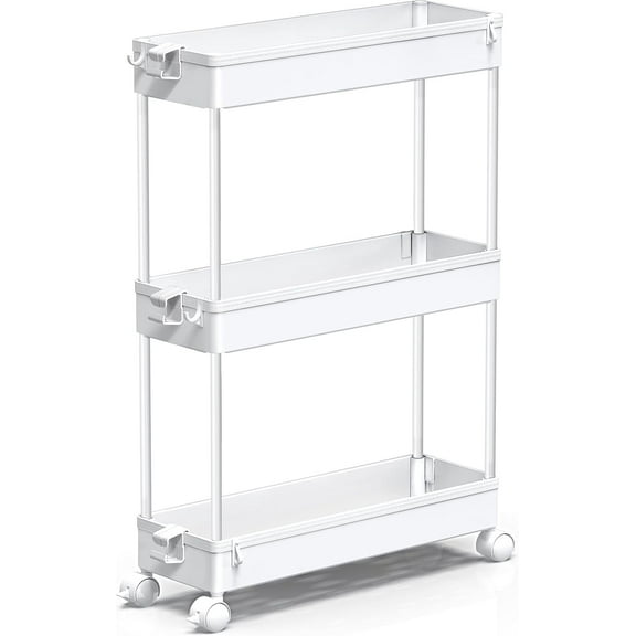 3/4/5 Tier Slim Rolling Storage Cart, Bathroom Storage Organizer Laundry Room Utility Cart Mobile Shelving Unit, Multi-Purpose for Kitchen Office Bathroom Laundry Narrow Places, White