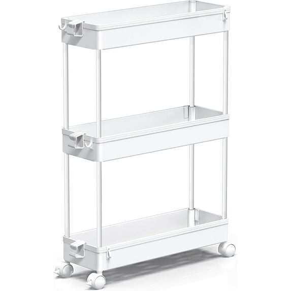 3/4/5 Tier Slim Rolling Storage Cart, Bathroom Storage Organizer Laundry Room Utility Cart Mobile Shelving Unit, Multi-Purpose for Kitchen Office Bathroom Laundry Narrow Places, White