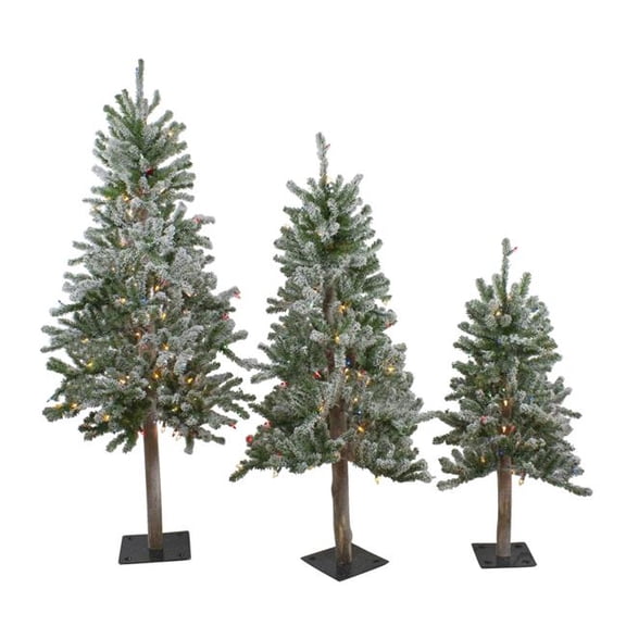 3, 4 & 5 ft. Pre-Lit Flocked Alpine Artificial Christmas Trees - Multi-Color Lights - Set of 3