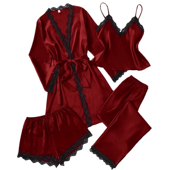 3/4/5Pcs Womens Satin Silky Pajama Sets,Long Sleeve Bathrobes & Soft Sleepdress & Long Pants & Shorts,Floral Pajamas Set Soft PJ Loungewear Sleepwear,Silk Pajamas Robe Cami Shorts Pjs