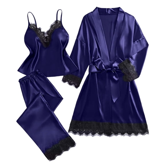 3/4/5Pcs Womens Satin Silky Pajama Sets,Long Sleeve Bathrobes & Soft Sleepdress & Long Pants & Shorts,Floral Pajamas Set Soft PJ Loungewear Sleepwear,Silk Pajamas Robe Cami Shorts Pjs