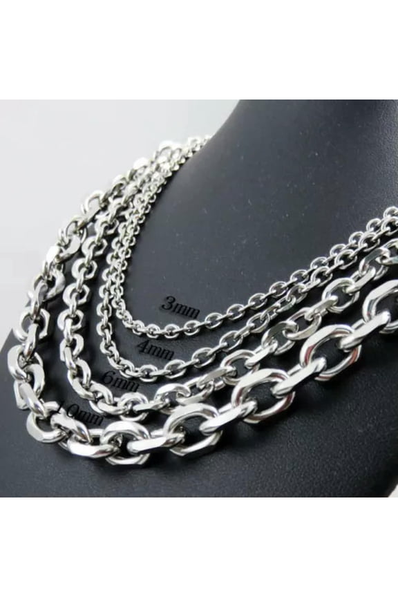 3/4/6/10mm Men's Chain Silver Tone Stainless Steel Rolo Link Necklace 18-40''