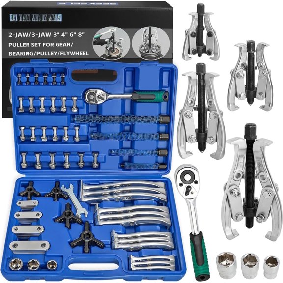 3" 4" 6" 8" Gear Puller Set, 2-Jaw/3-Jaw Bearing Puller Kit with Ratchet Wrench, Heavy Duty Pulling Tool, Reversible Jaw for Internal External Flywheel Gear Pulley Bearing Rotor Removal