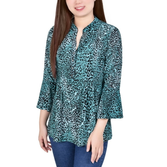 3/4 Bell Sleeve Pleat Front Y Neck