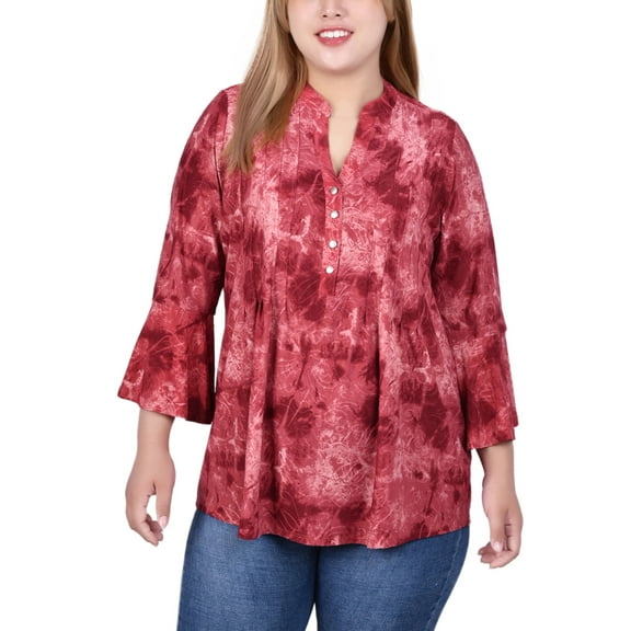 3/4 Bell Sleeve Pleat Front Y Neck