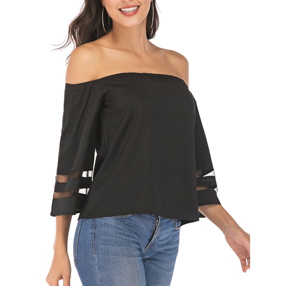 3/4 Bell Sleeve Tops for Women Summer Off Shoulder Mesh Panel Blouse Casual Shirts