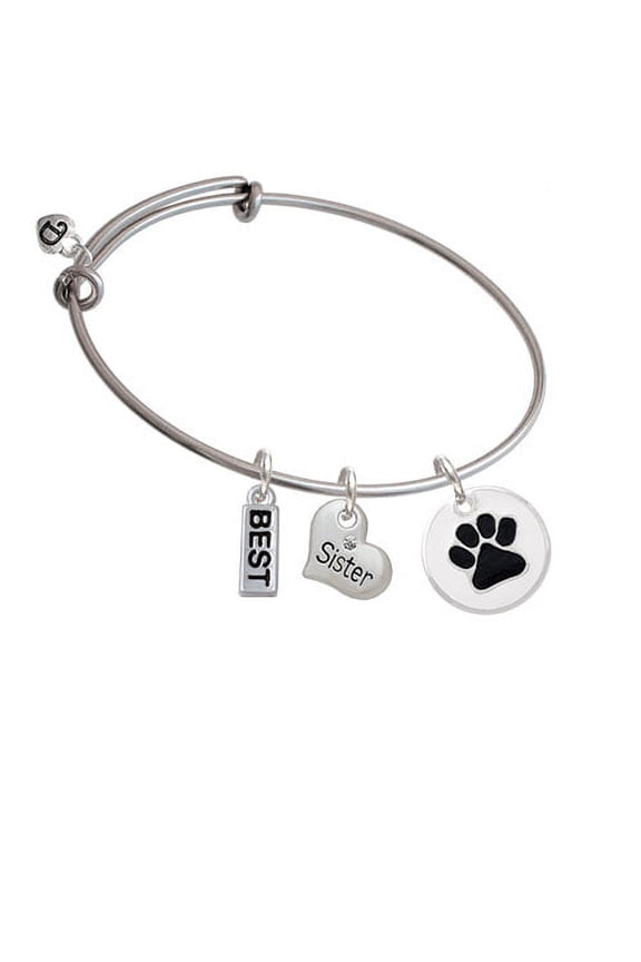 3/4'' Black Paw in White Circle - Sister Heart Expandable Bangle Bracelet