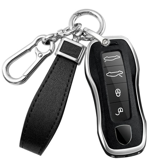 3 4 Button Key Fob Cover for Porsche 911 Cayenne Macan Panamera Taycan Accessories with Keychains Alloy PU Leather Smart Key Cover Protector