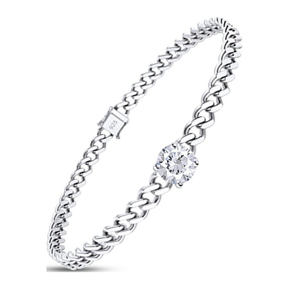 3/4 CT 6MM Round Cut Lab Created Moissanite Diamond Solitaire Cuban Link Chain Bracelet In 14K White Gold Over Sterling Silver Size : 7 Inch, (G-H Color,VVS1 Clarity,0.75 Cttw)