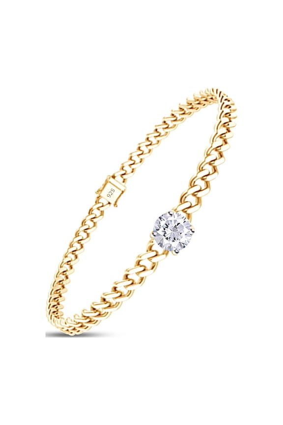 3/4 CT 6MM Round Cut Lab Created Moissanite Diamond Solitaire Cuban Link Chain Bracelet In 14K Yellow Gold Over Sterling Silver Size : 6.5 Inch, (G-H Color,VVS1 Clarity,0.75 Cttw)