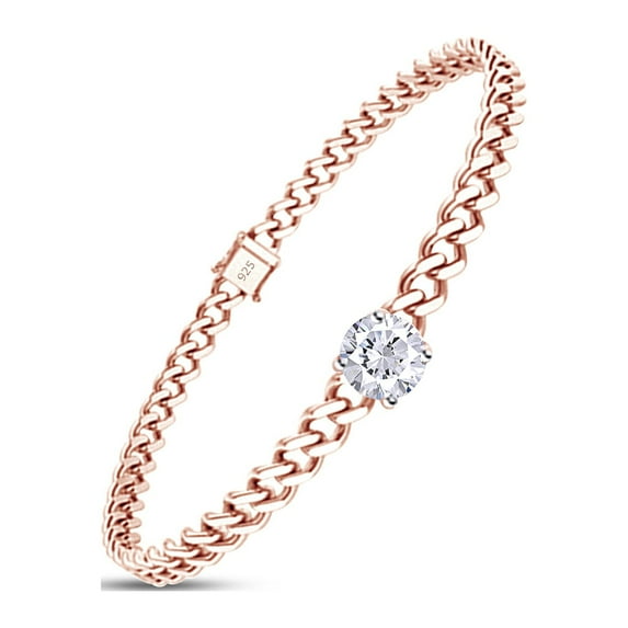 3/4 CT 6MM Round Cut Lab Created Moissanite Diamond Solitaire Cuban Link Chain Bracelet In 14K Rose Gold Over Sterling Silver Size : 7.5 Inch, (G-H Color,VVS1 Clarity,0.75 Cttw)