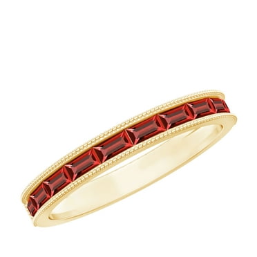 Rosec Jewels 3/4 CT Baguette Cut Created Ruby Semi Eternity Ring with Milgrain Details, East West Band Ring for Women, 10K Yellow Gold, US 9.00