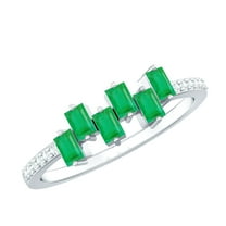 Rosec Jewels 3/4 CT Baguette shape Emerald Promise Ring with Diamond Side Stones, 925 Sterling Silver, US 4.00