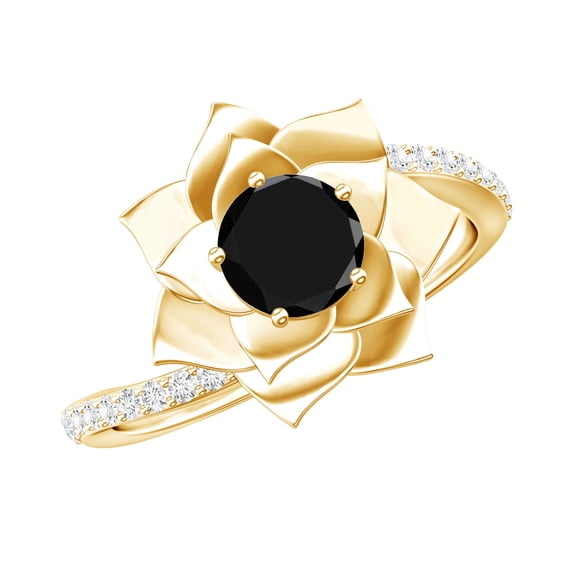 Rosec Jewels Real Black Onyx Flower Engagement Ring - AAA Quality - Onyx Diamond Ring with Bypass Shank - with Jewelry Box, 18K Yellow Gold, US 4.00