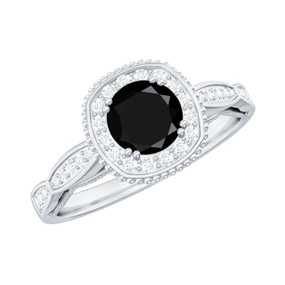 Rosec Jewels 3/4 CT Black Onyx and Diamond Ring, Black Onyx Engagement Ring for Women, 10K White Gold, US 11.00