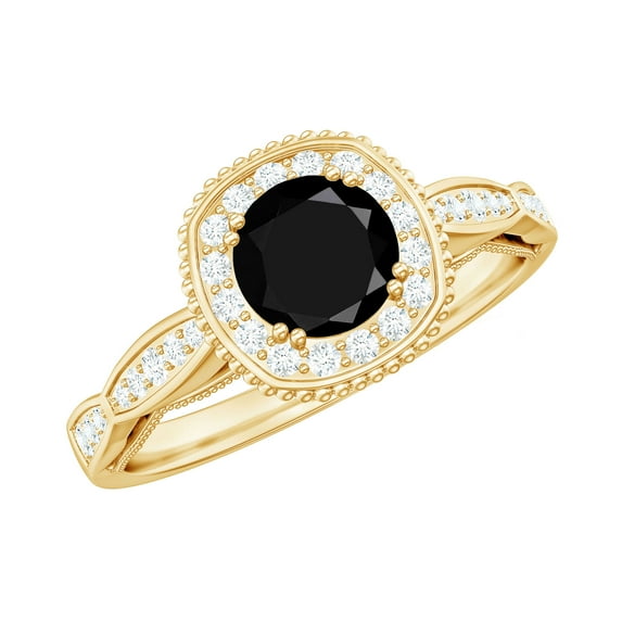 Rosec Jewels 3/4 CT Black Onyx and Diamond Ring, Black Onyx Engagement Ring for Women, 18K Yellow Gold, US 6.50