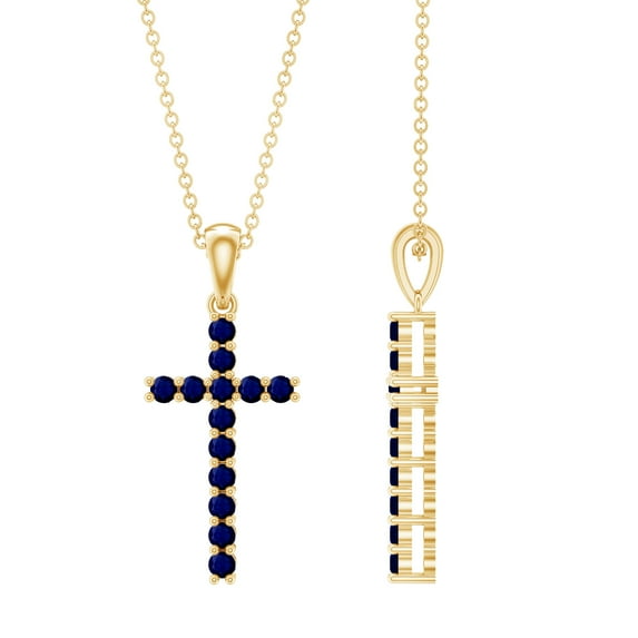Rosec Jewels Real Blue Sapphire Cross Pendant Necklace for Women - Sapphire Pendant with Chain - AAA Grade - Gift for Christmas, 14K Yellow Gold