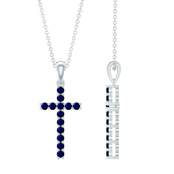Rosec Jewels Real Blue Sapphire Cross Pendant Necklace for Women - Sapphire Pendant with Chain - AAA Grade - Gift for Christmas, 925 Sterling Silver
