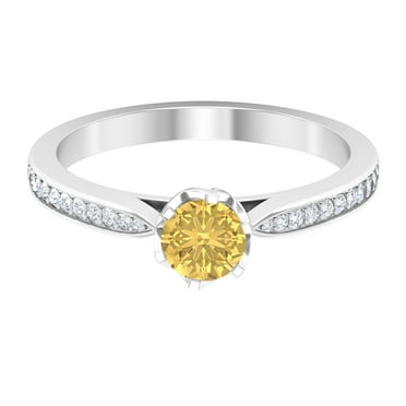 Rosec Jewels 3/4 CT Citrine and Diamond Ring, Solitaire Ring with Side Stones, 925 Sterling Silver, US 4.00