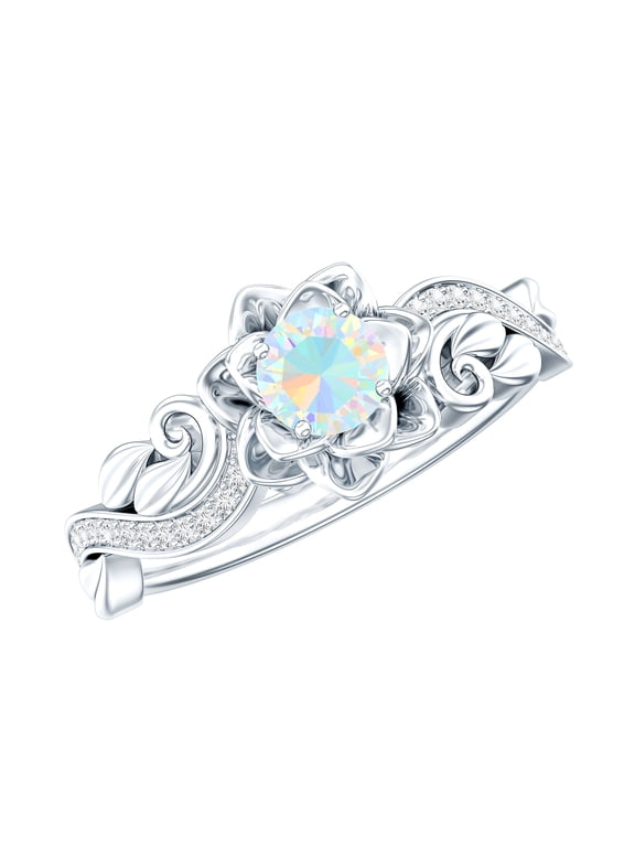 Ethiopian Opal Flower Engagement Ring for Women - Natural Opal Diamond Ring - AAA Quality - with Jewelry Box, 925 Sterling Silver, US 7.00