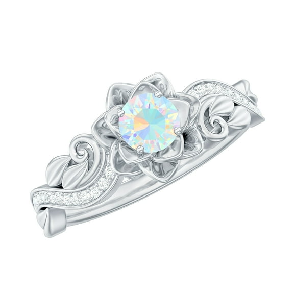 Rosec Jewels Ethiopian Opal Flower Engagement Ring for Women - Natural Opal Diamond Ring - AAA Quality - with Jewelry Box, 925 Sterling Silver, US 4.00