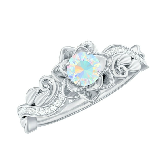 Rosec Jewels Ethiopian Opal Flower Engagement Ring for Women - Natural Opal Diamond Ring - AAA Quality - with Jewelry Box, 925 Sterling Silver, US 4.00