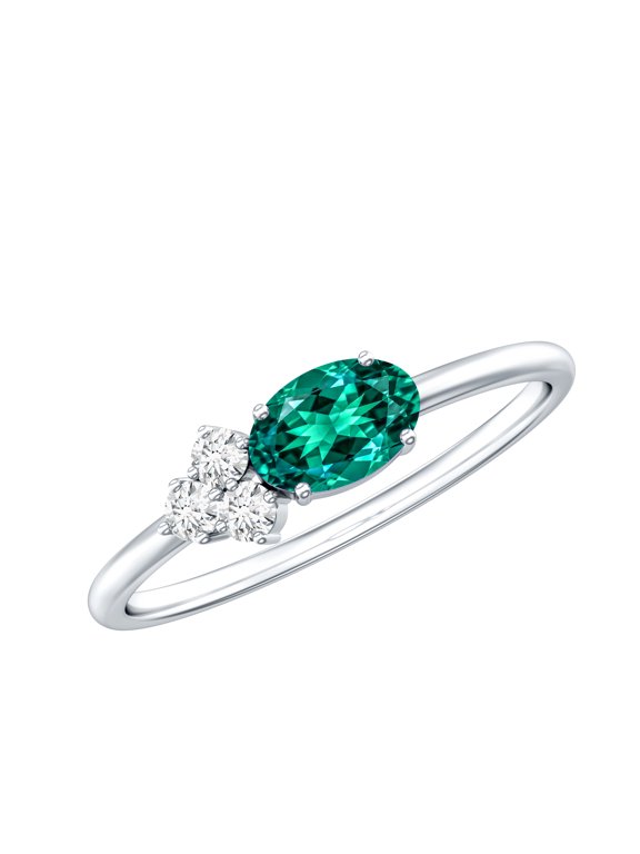 Certified Lab Grown Emerald Promise Ring for Women - East West Ring - Cluster Emerald Diamond Ring - AAAA Quality, 925 Sterling Silver, US 4.00