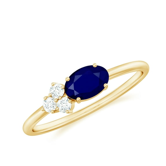 Rosec Jewels 3/4 CT Oval Cut Blue Sapphire Promise Ring with Diamond Trio, 14K Yellow Gold, US 7.00
