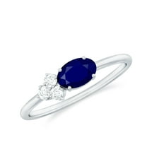Rosec Jewels 3/4 CT Oval Cut Blue Sapphire Promise Ring with Diamond Trio, 925 Sterling Silver, US 4.00
