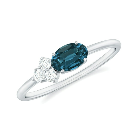 Rosec Jewels 3/4 CT Oval Cut London Blue Topaz Promise Ring with Diamond Trio, 10K White Gold, US 5.50