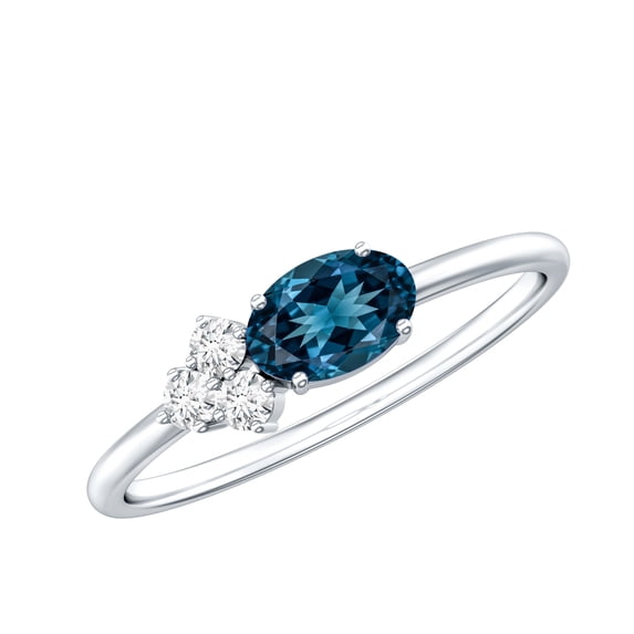 Rosec Jewels Oval Cut London Blue Topaz Promise Ring with Diamond Trio - AAA Quality, 10K White Gold, US 7.50