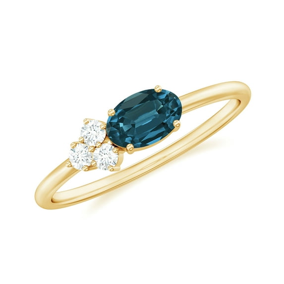 Rosec Jewels 3/4 CT Oval Cut London Blue Topaz Promise Ring with Diamond Trio, 18K Yellow Gold, US 9.50