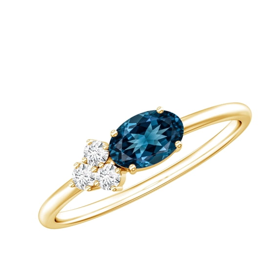 Rosec Jewels Oval Cut London Blue Topaz Promise Ring with Diamond Trio - AAA Quality, 18K Yellow Gold, US 9.50