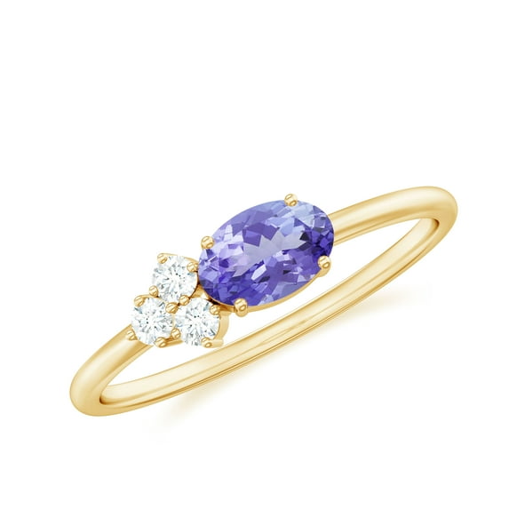 Rosec Jewels 3/4 CT Oval Cut Tanzanite Promise Ring with Diamond Trio, 14K Yellow Gold, US 3.00