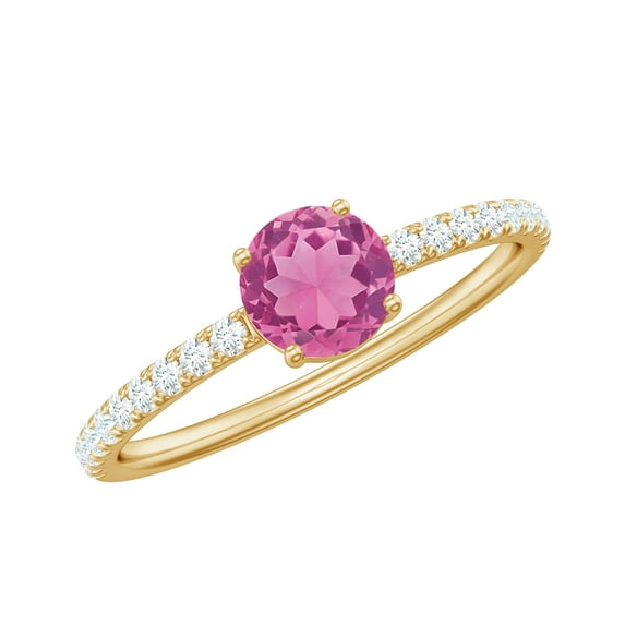 Rosec Jewels Natural Pink Tourmaline Promise Engagement Ring for Women - Pink Tourmaline Diamond Ring - 5 mm - AAA Quality, 10K Yellow Gold, US 8.50