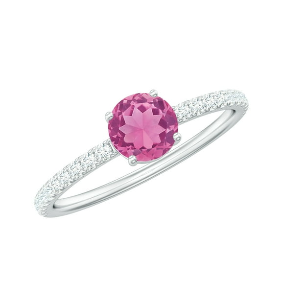 Rosec Jewels Natural Pink Tourmaline Promise Engagement Ring for Women - Pink Tourmaline Diamond Ring - 5 mm - AAA Quality, 925 Sterling Silver, US 8.00