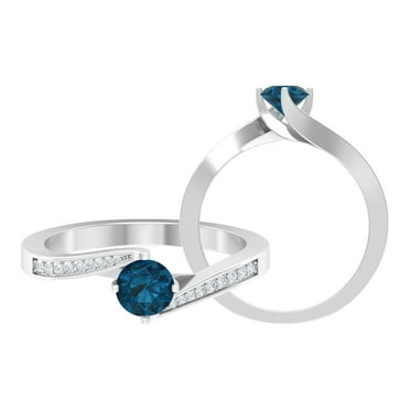 Rosec Jewels 3/4 CT Round Shape London Blue Topaz Solitaire and Diamond Bypass Ring, 925 Sterling Silver, US 4.00