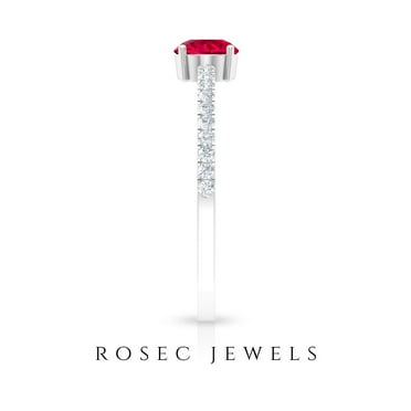 3/4 CT Ruby Solitaire and Diamond Ring for Women (5 MM Round Shape Ruby), 925 Sterling Silver, US 4.00