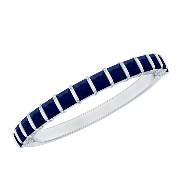 Rosec Jewels Princess Cut Blue Sapphire Half Eternity Ring for Women - September Birthstone Ring - AAA Quality - Ready to Gift, 18K White Gold, US 7.50