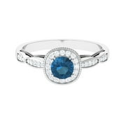 ROSEC JEWELS 3/4 CT Vintage Engagement Ring with London Blue Topaz and Diamond, 925 Sterling Silver, US 4.00
