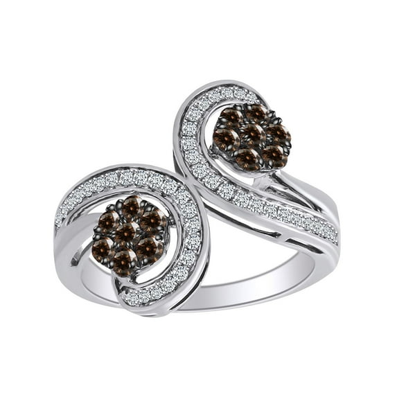 AFFY 3/4 Carat Brown & White Natural Diamond Bypass Ring 10K Solid White Gold (0.75 Cttw)-Ring Size-5