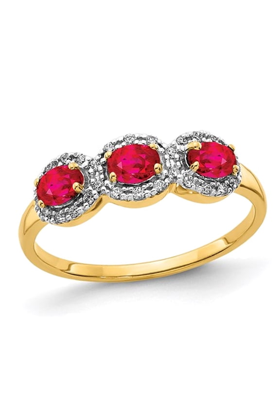 3/4 Carat (Ctw) Three-Stone Ruby Ring in 14K Yellow Gold with Diamonds for Women