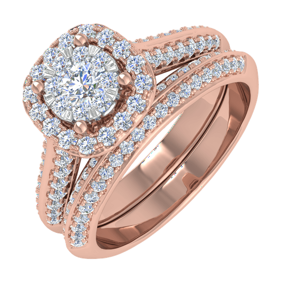 3/4 Carat Halo Diamond Bridal Ring Set in 14K Rose Gold - IGI Certified (Ring Size 5.75) (I1-I2 Clarity)