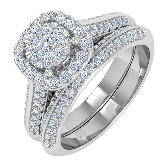 3/4 Carat Halo Diamond Bridal Ring Set in 14K White Gold (Ring Size 6.5)